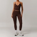Women's eco-friendly yoga set with deep V-neck tank top and leggings in chocolate brown - 8998 Vest + 8998 Skinny Jeans (charcoal Tea Coffee)