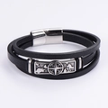 Men's multilayer black leather bracelet with silver compass and map motif plate - Compass 2