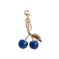 Sparkly blue cherry keychain charm with golden metal leaf and hook on white background - Blue with Light Gold