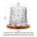 Colorful dot 270ml spinning whiskey glass with square texture and wooden base - Multicolor Grid Pattern with Wooden Base