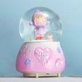 Pink musical snow globe featuring girl in purple raincoat with cat and Nice Time relief - 0258 Pink Base / Medium 80mm Light + Snow