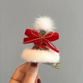 Festive Christmas hat hair clip with red velvet bow and green sequins on metal duckbill clip - Velvet Bowknot