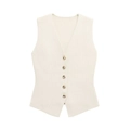 Detail van het crème gebreide vest met V-hals en decoratieve goudkleurige metalen knopen - S / Tops / Broken Wit