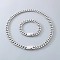 Polished silver stainless steel Cuban link necklace and bracelet set for men - Style C Textured Clasp / 9mm Wide x 21cm Long (Bracelet) / Steel