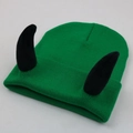 Green knitted beanie hat with black devil horns on top for winter warmth and style - Adult One Size - Elastic / Black Horn - Bright Green Hat