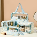 Light blue daisy print PVC makeup bag four-piece set with transparent storage design - Blue Daisy
