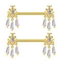 Bijoux de téton fleurs dorées avec zircons blancs et pendentifs glands en cristal - Fleur de Luxe Or