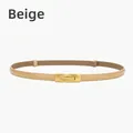 Minimalist apricot slim leather belt for women featuring a sleek gold rectangular buckle - Apricot