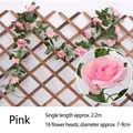 Artificial pink rose vine garland, 2.2m length with 16 silk flower heads for decoration - 16 Heads Rose Pink