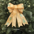 Champagne gold Christmas bow with green tree pattern and size specs on pine branches - Champagne Gold Christmas Tree Print