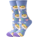 Detail showing blue knit crew sock with Shiba Inu pattern and purple contrast heel - EU 36-42 / Lavender Shiba Inu