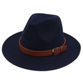 Detailed view of navy blue fedora hat with brown leather belt and silver metal buckle - Navy Blue