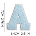 Detail view of 7cm light blue chenille letter A patch with white felt base dimensions - Letter A / Light Blue