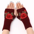 Short burgundy knit fingerless gloves with elegant red rose floral embroidery details - One Size / Red Background - Red Flower