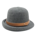 Dark grey knitted cloche hat with brown leather strap and gold rivet on white background - Gray / M (56-58cm)