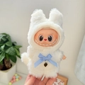 White plush bunny outfit for Labubu doll featuring a blue bow and heart pendant charm - Blue Ribbon Snowflakes / First And Second Generation Keychains Are Compatible With La Cloth Dolls. Dolls Not Included.