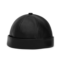 Retro black faux leather brimless docker cap with textured stitch and panel design - Docker Hat Style / Black