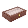 Walnut wood watch display box with 10 slots and clear glass top for storage - 12 Slots Brown Beige Interior