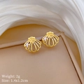 Detailed macro view of gold shell earrings with small sea star accents and dimensions - Seastar Shell Stud Earrings (P528)