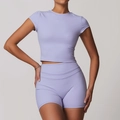 Completo yoga donna lilla chiaro con top corto a maniche corte e pantaloncini a vita alta - Taglia S / Top E Pantaloni / Maniche Corte + Pantaloncini / Viola Romantico