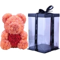 Pink PE foam rose bear with a red heart in a clear gift box with black ribbon - Flower Bear+40CM Gift Box+Light / Orange with Red Heart