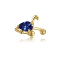 Macro view of 18K gold dinosaur ear cuff featuring a pear-shaped deep blue gemstone - Blue Long-neck Dinosaur Screw Stud (EH00582)