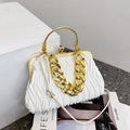 White pleated evening bag with vintage gold handle and chunky chain strap in variant style - White