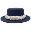 Chapeau canotier bleu marine à bord plat orné d'une bande de perles élégante - M(56-58cm) / Bleu marine