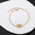 Vintage stainless steel paperclip chain bracelet with oval pink stone and gold finish - Pink Oval Gemstone