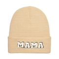 Winter knitted beanie for women featuring MAMA towel embroidery on a khaki folded cuff - Adult Style(MAMA) / Beige
