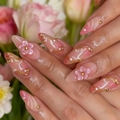Elegante 3D-Blumen-Mandelnägel zum Aufdrücken mit Goldlinien und Perlen-Akzenten - 3D Blumen Rosa Gradient Stil (DS107)