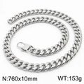 Silver stainless steel Cuban link chain necklace, 760x10mm size and 153g weight variant - 10mm x 760mm