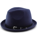 Classic dark blue wool fedora hat with rolled brim and vintage silver buckle leather band - M (56-58cm) / Navy Blue