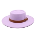 Detailed texture of lavender wool felt hat with brown leather buckle strap and wide brim - M (56-58cm) / Taro Purple
