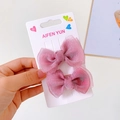 Set of two pink tulle bow hair clips for girls with sparkling translucent fabric detail - Rose Red Mesh Pair
