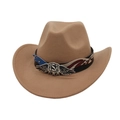 Detail of khaki cowboy hat featuring a USA metal emblem and American flag patterned band - Camel