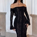 Abito in pizzo nero a spalle scoperte con lacci stile corsetto e maniche a campana - S / Nero con Fodera