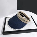 Navy blue pearl straw visor hat with striped band for summer sun protection - Navy Blue
