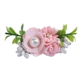 Detail of pink lace flower hair clip with white faux pearl and small rhinestone accents - Style 7 (Pink Leaf Pearl)