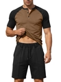 Men's retro brown and black raglan sleeve Henley shirt with matching drawstring shorts set - Dark Brown