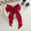 Elegant large red butterfly bow hair clip with long ribbons on a white decorative plate - Wine Red Large Ribbon Satin Bow Spring Clip / Burgundy