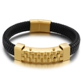 Men's braided black leather bracelet with gold stainless steel stepped wave buckle - 21cm / Gold (KB151034-KFC)