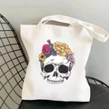 Skull canvas tote bag with floral crown illustration on vintage travel shoulder bag - Flower Crown Skull