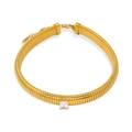 Gold-plated chunky choker necklace with striped texture and square zircon gemstone - White Choker