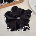 Elegant black silk satin oversized scrunchie with white pearl trim for hair styling - Black