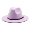 Detail of lavender wool fedora featuring a brown leather band and ornate silver buckle - M (56-58cm) / Taro Purple