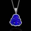 Blue opal Buddha pendant necklace with silver twisted chain and sparkling zircons - White Gold Royal Blue Stone / 18 Inch 3mm Rope Chain