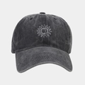 Detail of vintage washed grey baseball cap with white sunflower embroidery on the front - Adjustable / Black