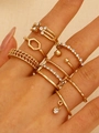 Golden multi-piece ring set with geometric shapes, rhinestones, and circular pendants - Hexagon Pendant Gold Ring Set (F34)