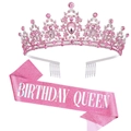 Close-up of pink crystal birthday queen tiara and pink glitter sash set for party - Pink Set (Queen)